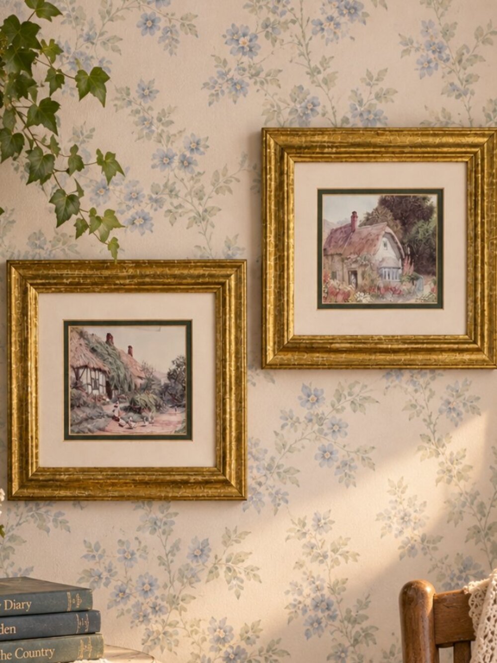 Vintage Cottage Prints Pair Gold Frames English Country Cottagecore Wall Art 9x8